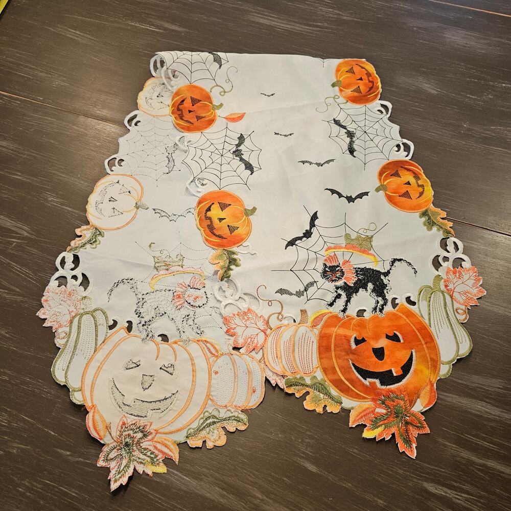 Halloween Table Runner Black Cat Pumpkin Bats Spider Web Embroidered Decor